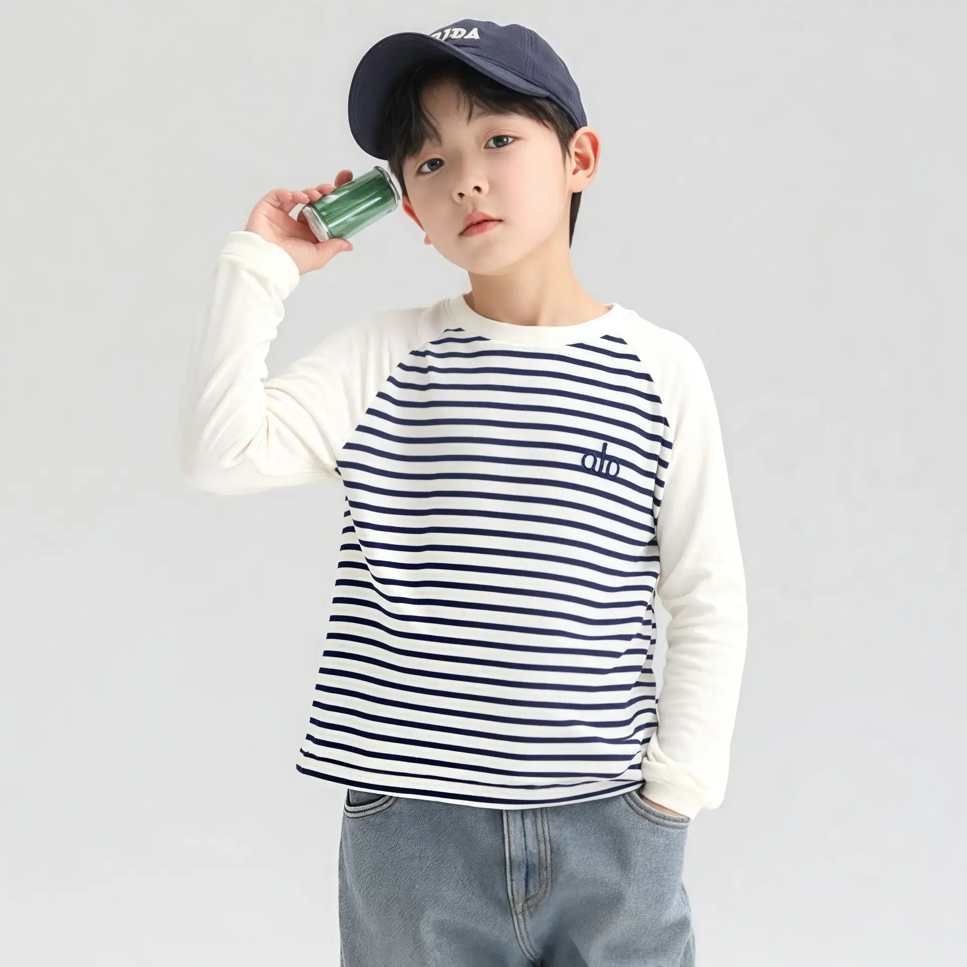 Boy's Pink & White Long Sleeve T-Shirt with Korean Style Cap - Image 4