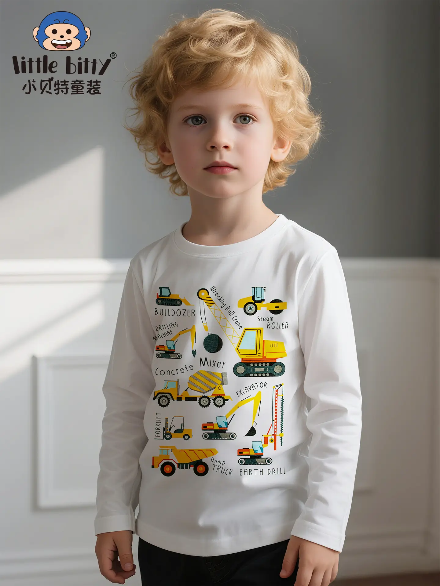 Kids Cotton T-Shirt Cartoon Excavator Print
