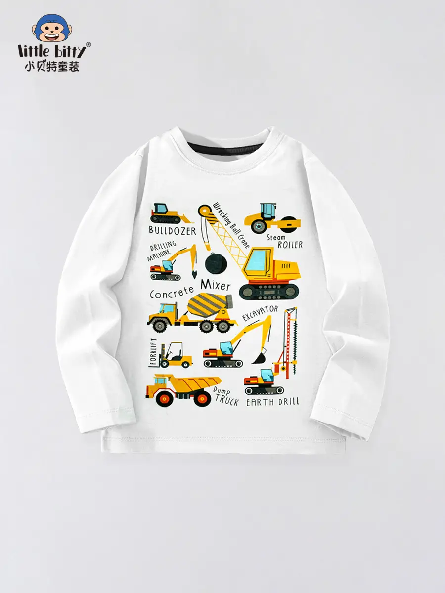 Kids Cotton T-Shirt Cartoon Excavator Print