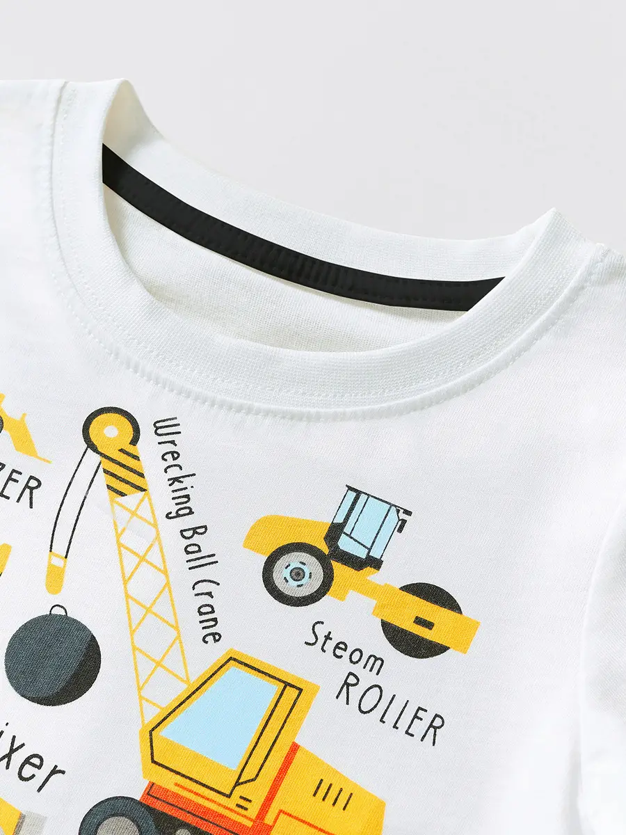 Kids Cotton T-Shirt Cartoon Excavator Print