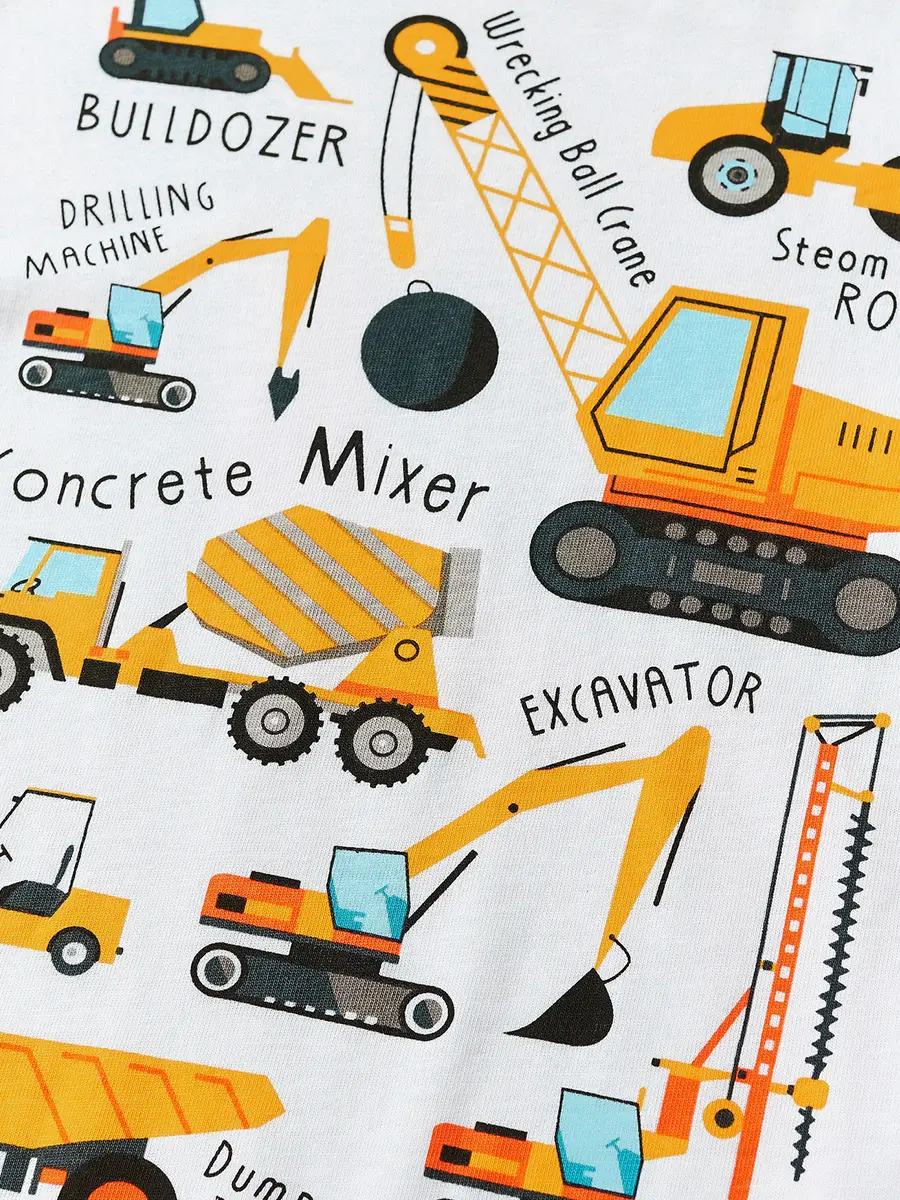 Kids Cotton T-Shirt Cartoon Excavator Print