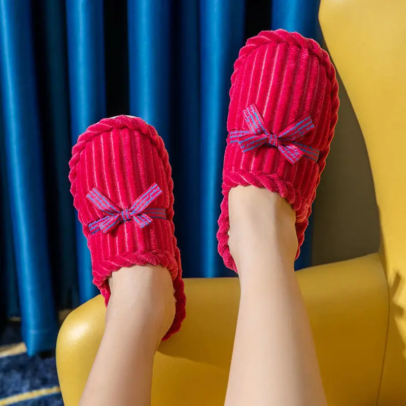 Women's Winter Plush Bow Slippers Red Indoor Warm - Image 10