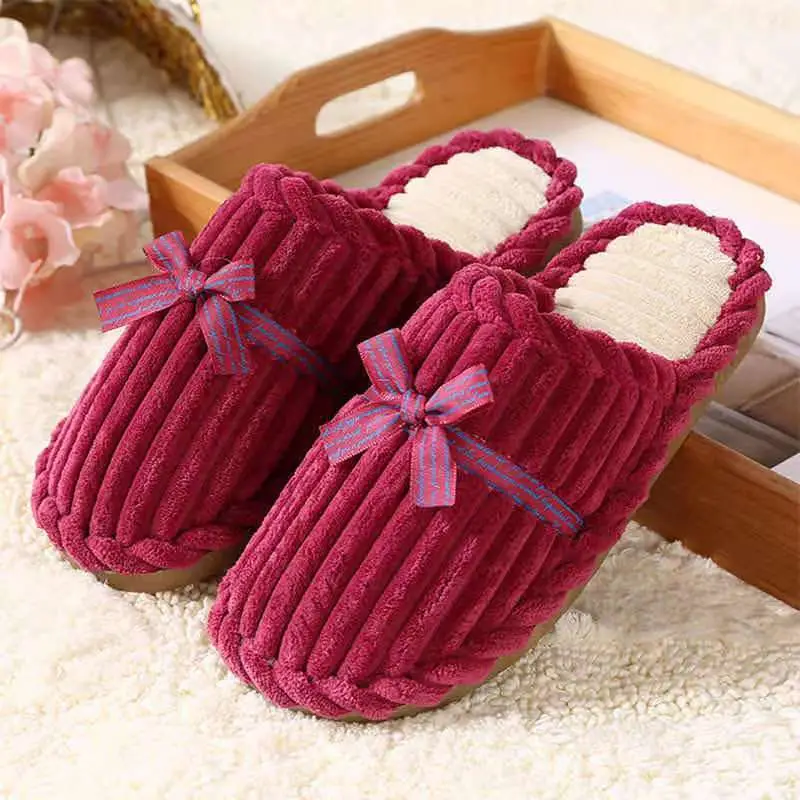 Women's Winter Plush Bow Slippers Red Indoor Warm - Image 3