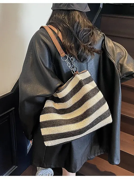 Cross-Border Striped Woven Bag Large Capacity Shoulder Underarm Bag - Image 5