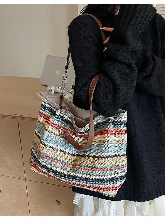 Cross-Border Striped Woven Bag Large Capacity Shoulder Underarm Bag - Image 6