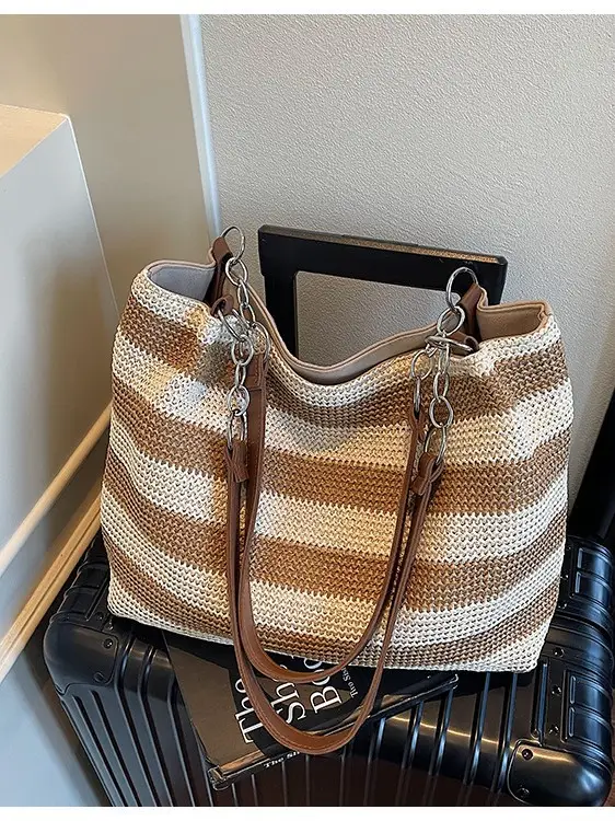 Cross-Border Striped Woven Bag Large Capacity Shoulder Underarm Bag - Image 7