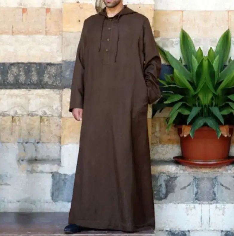 2024 Muslim Robe Long Hooded Muslim Shirt Brown - Image 3