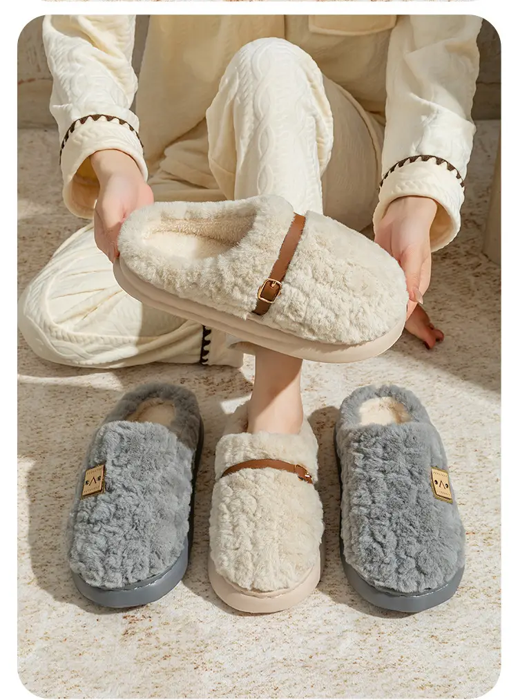 Belt Buckle Plush Cotton Slippers for Men and Couples, Fleece-Lined, Thickened, Warm, Non-Slip, Outdoor Cotton Slippers, Maternity Shoes for Women, Winter — feature 17