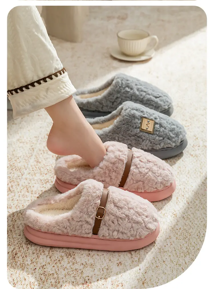 Belt Buckle Plush Cotton Slippers for Men and Couples, Fleece-Lined, Thickened, Warm, Non-Slip, Outdoor Cotton Slippers, Maternity Shoes for Women, Winter — feature 19