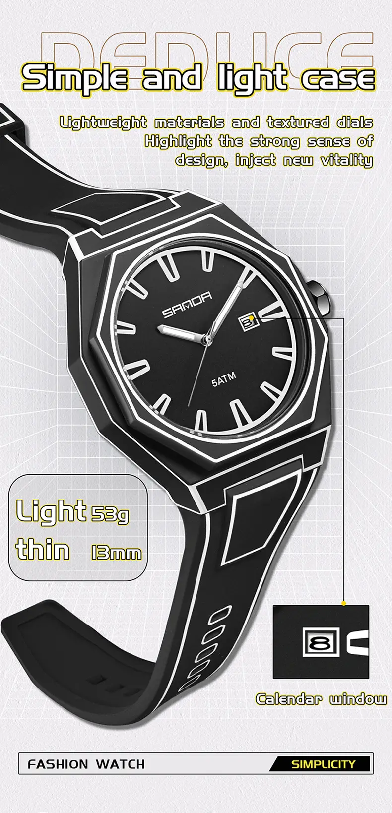Sanda Quartz Watch Black Silicone Waterproof Single Calendar — feature 30