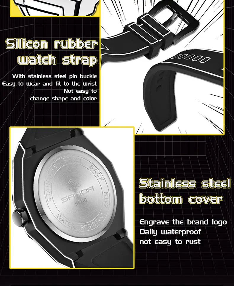 Sanda Quartz Watch Black Silicone Waterproof Single Calendar — feature 36