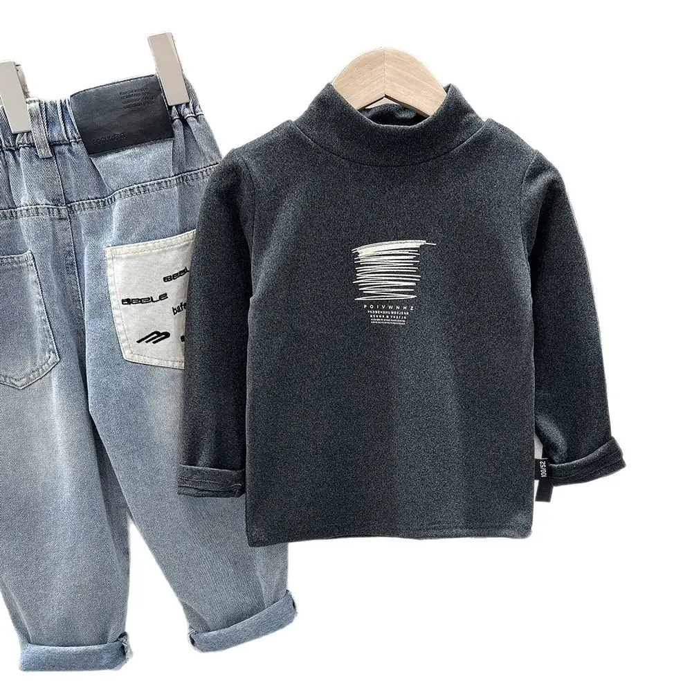 Kids Korean Style T-Shirt Set Dark Gray Long Sleeve - Image 7