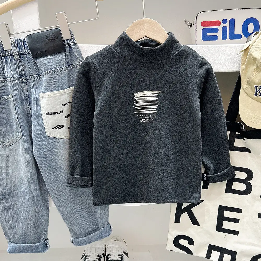 Kids Korean Style T-Shirt Set Dark Gray Long Sleeve — feature 3
