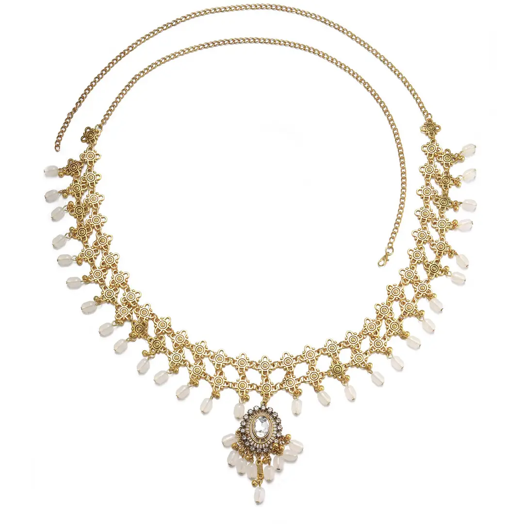 Bohemian Geometric Diamond Tassel Pearl Waist Chain Retro Ethnic Exotic Style Long Fashion Waist Accessories