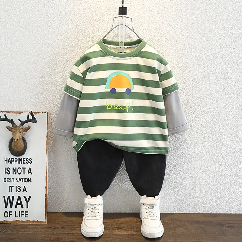 Boys Long Sleeve Striped T-Shirt Green White - Image 2