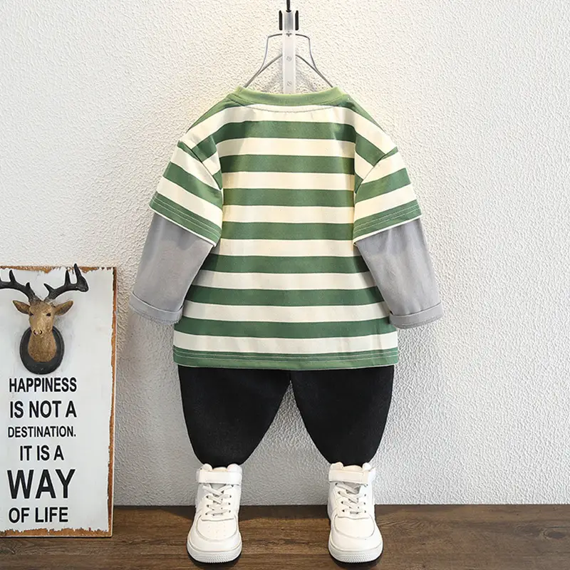 Boys Long Sleeve Striped T-Shirt Green White - Image 3