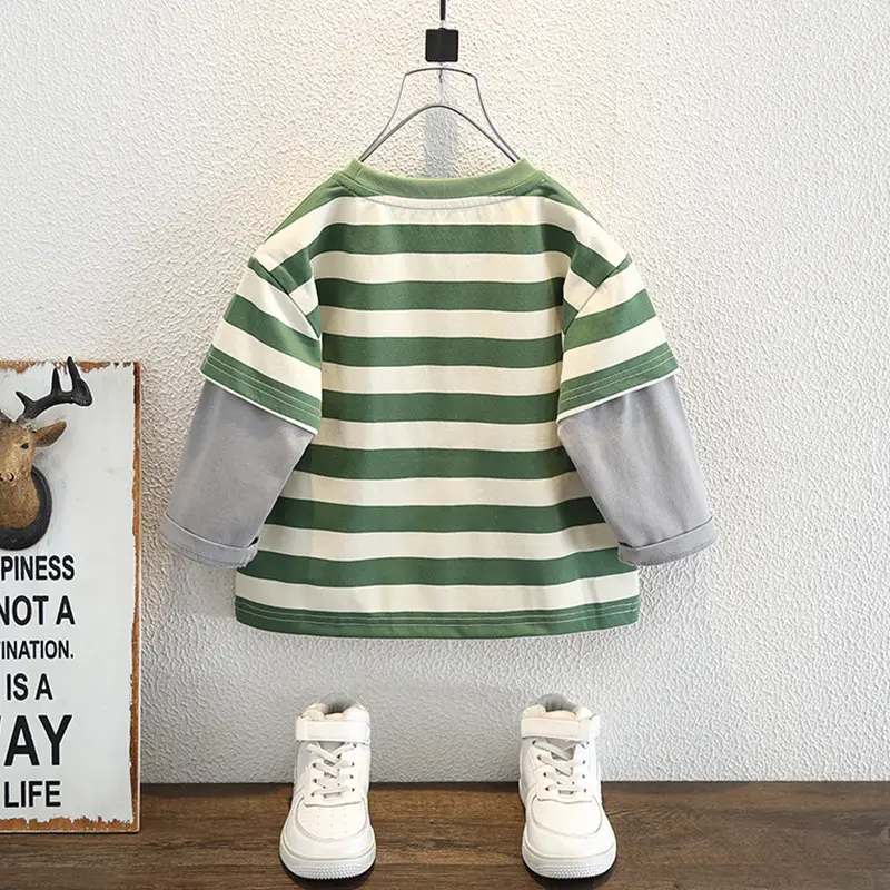 Boys Long Sleeve Striped T-Shirt Green White - Image 4