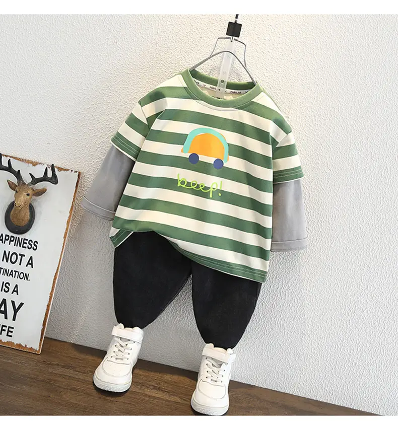 Boys Long Sleeve Striped T-Shirt Green White — feature 6
