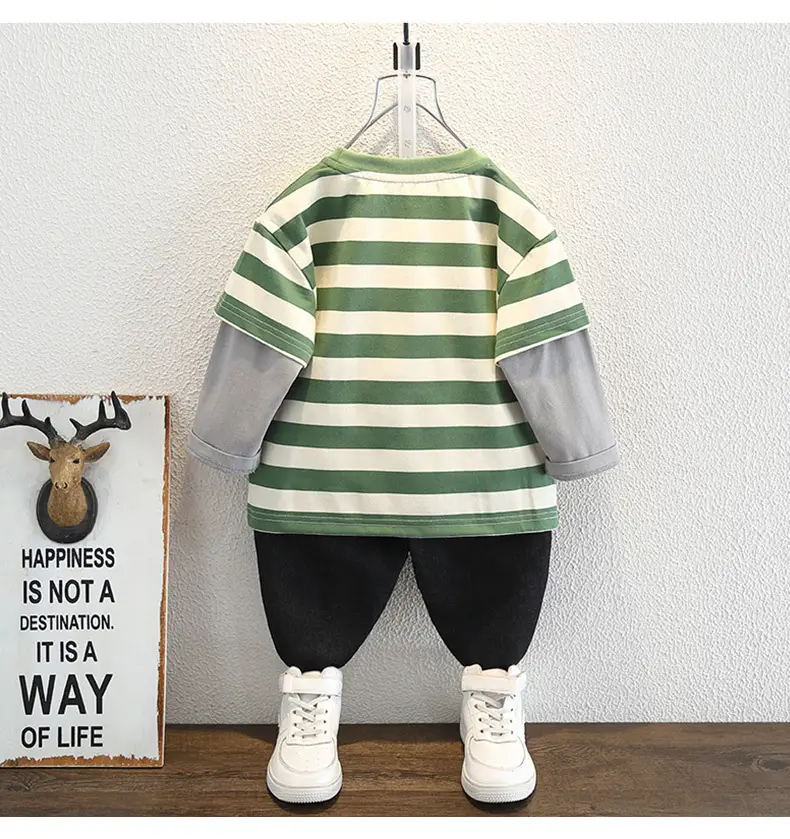 Boys Long Sleeve Striped T-Shirt Green White — feature 7