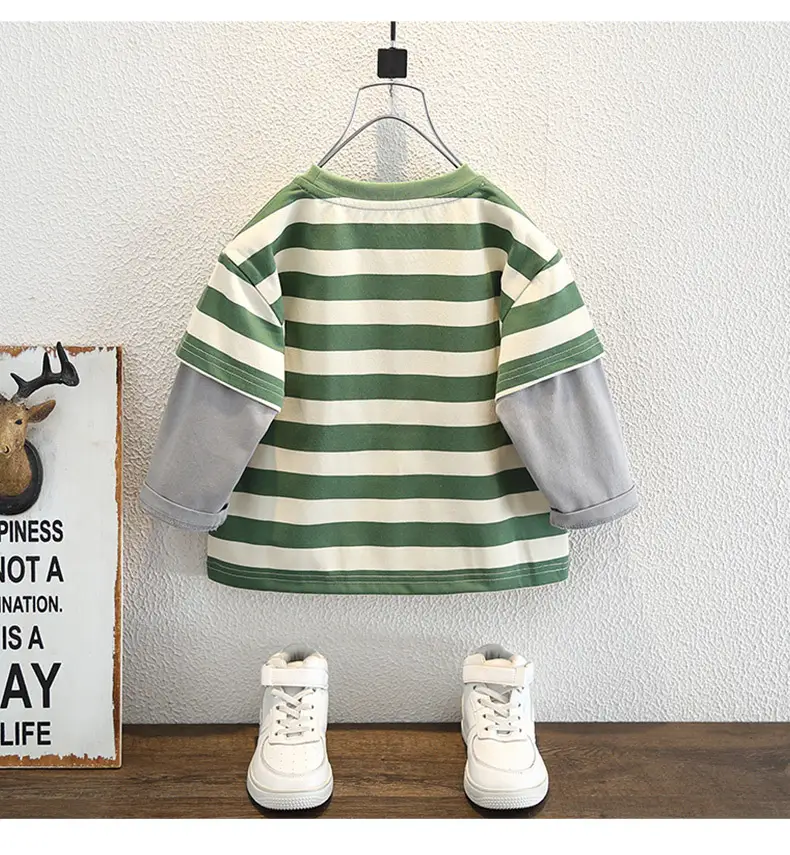 Boys Long Sleeve Striped T-Shirt Green White — feature 9