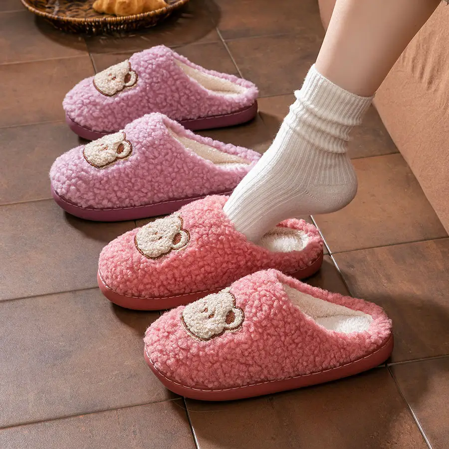 2025 Winter Cotton Slippers for Women Pink Bear Design