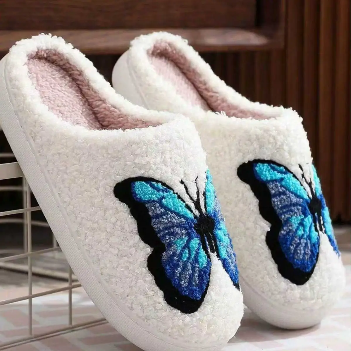 2025 Butterfly Embroidered Plush Cotton Slippers White