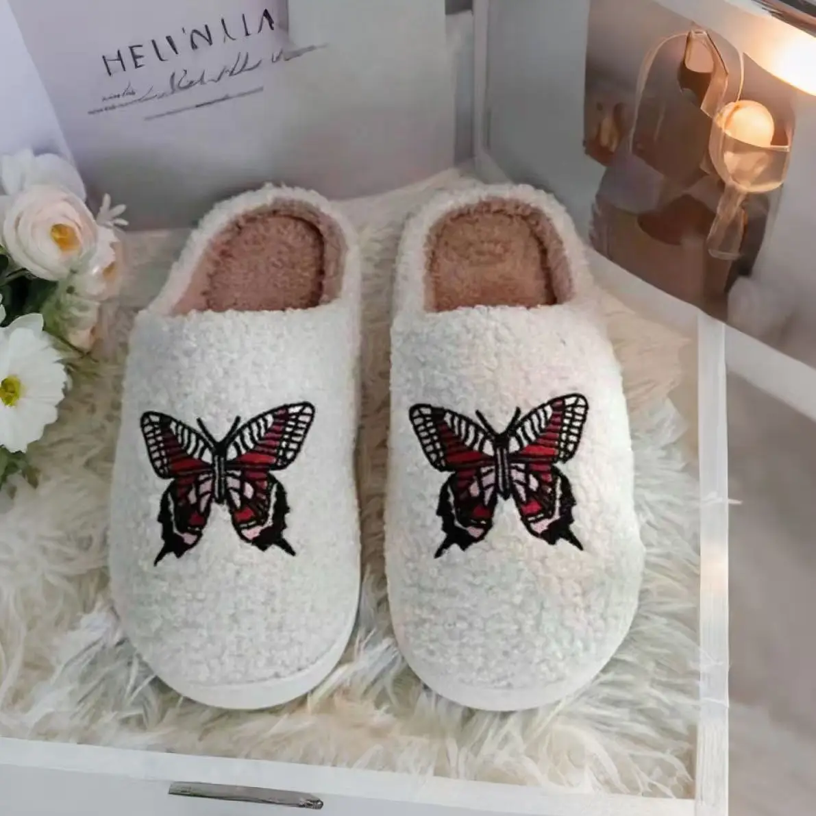 2025 Butterfly Embroidered Plush Cotton Slippers White