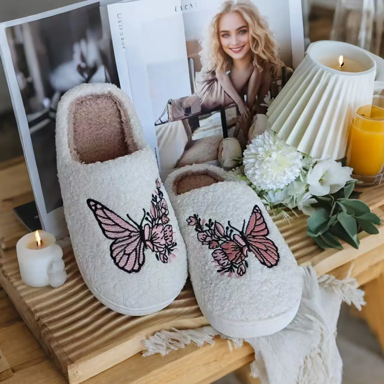 2025 Butterfly Embroidered Plush Cotton Slippers White