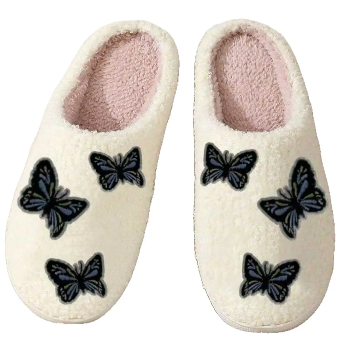 2025 Butterfly Embroidered Plush Cotton Slippers White