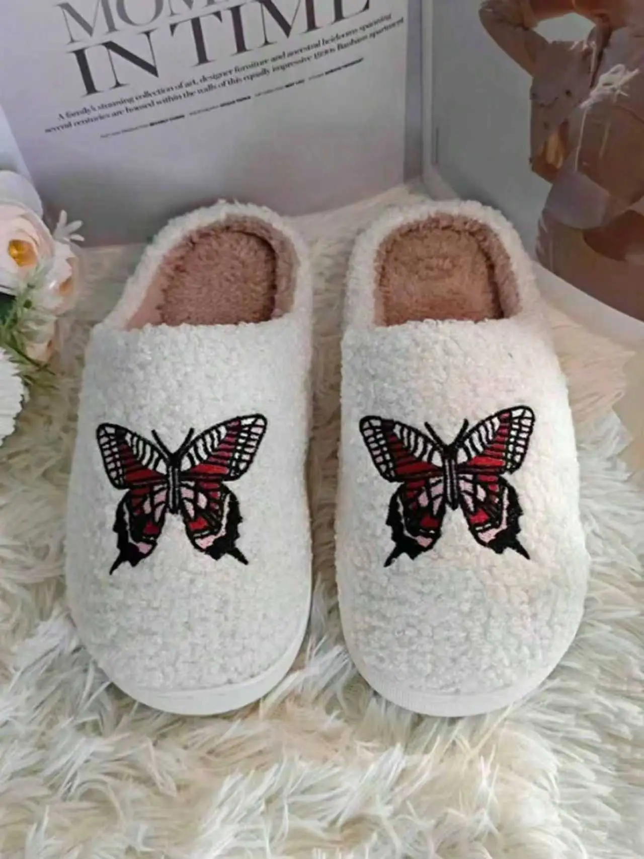2025 Butterfly Embroidered Plush Cotton Slippers White