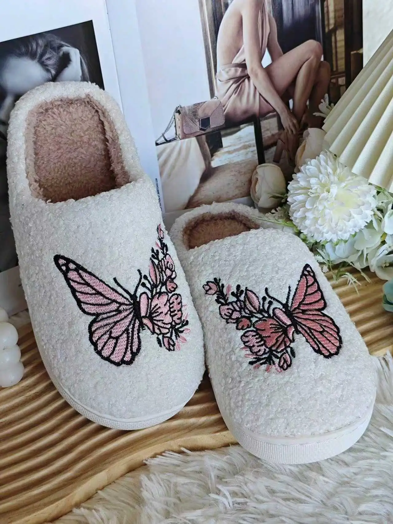 2025 Butterfly Embroidered Plush Cotton Slippers White