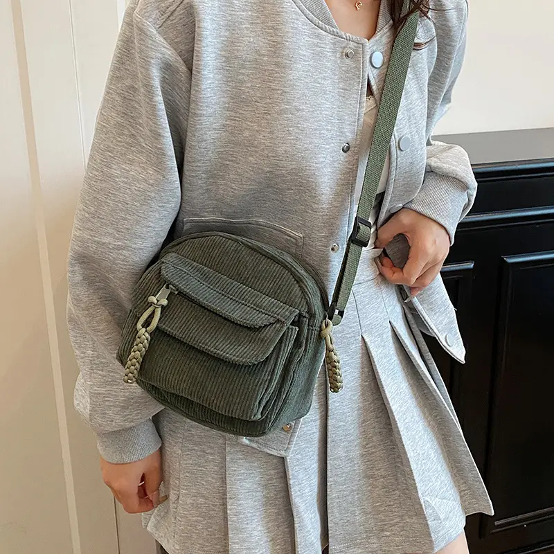 Retro Corduroy Shoulder Bag Green Mobile Phone Carryall - Image 6