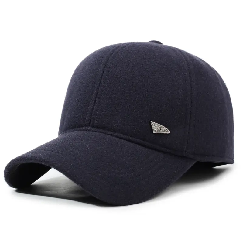 Men's Wool Baseball Cap Navy Winter Warm Ear Protection - Image 3