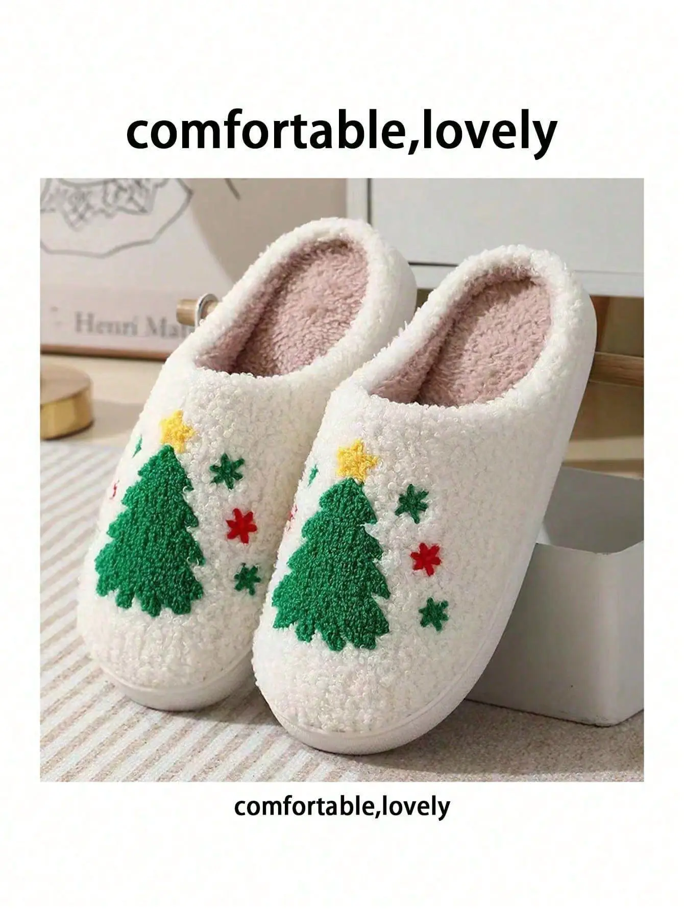 Women Cotton Christmas Tree Slippers Warm Winter