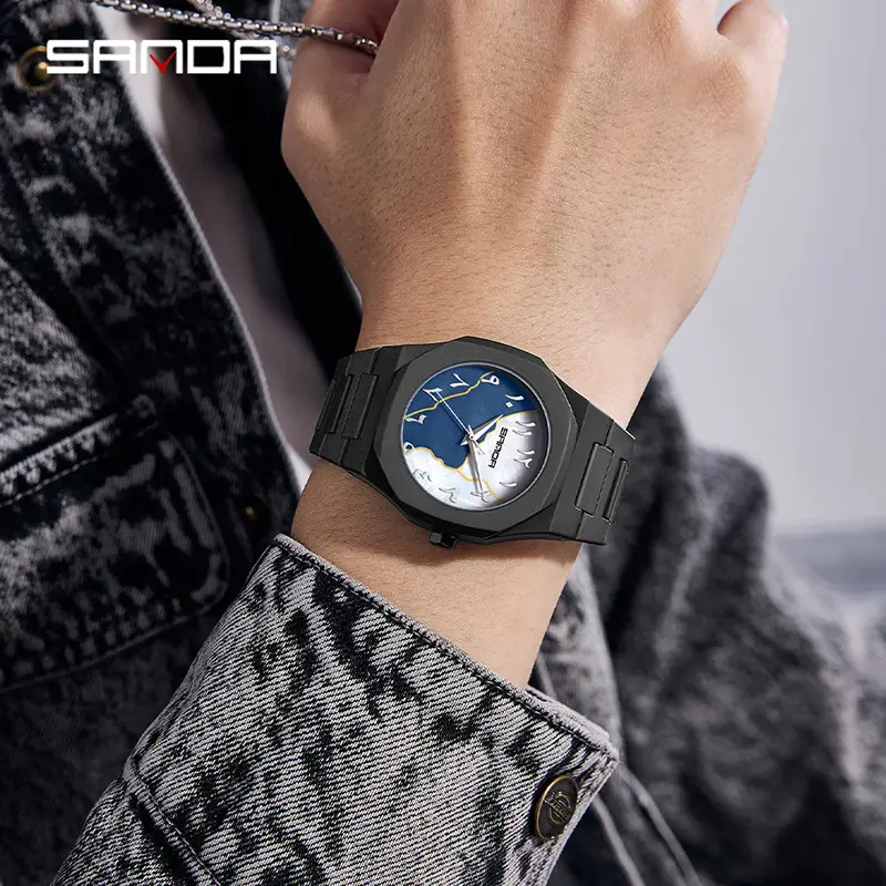 Sanda Cross-Border Watch with Creative Digital Scale, Shell Surface, 50m Waterproof, Black and White Classic Fashion Quartz Watch