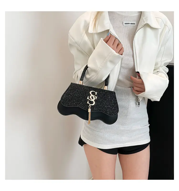 Black Glitter Square Bag for Women with Gold Chain — feature 14