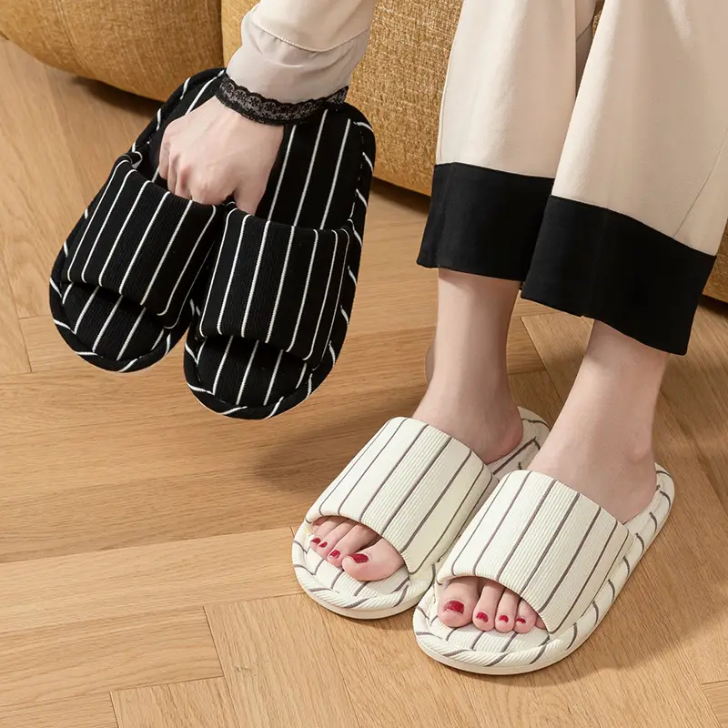 Women's Cotton Linen Striped Slippers Soft Sole Four Season - Image 4