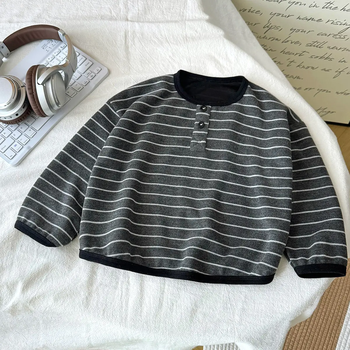 Girls Striped Long Sleeve T-Shirt Black White - Image 2