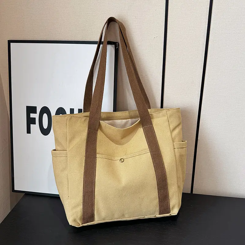 Women Canvas Tote Bag Large Capacity Beige - Image 3