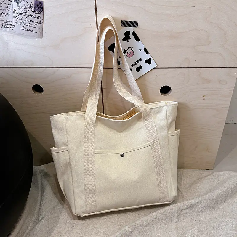 Women Canvas Tote Bag Large Capacity Beige - Image 4