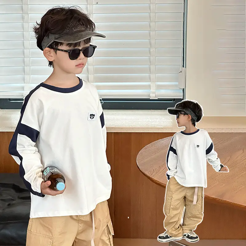 Boys Long Sleeve T-Shirt White Blue Bag Pants Set - Image 2