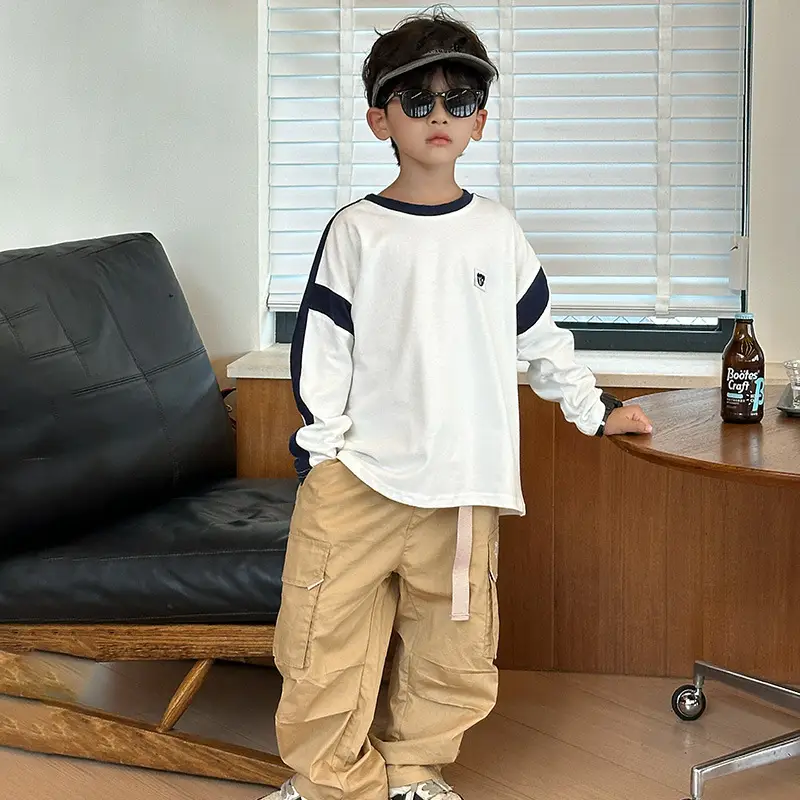 Boys Long Sleeve T-Shirt White Blue Bag Pants Set - Image 5