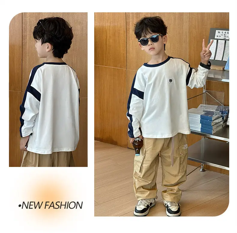 Boys Long Sleeve T-Shirt White Blue Bag Pants Set — feature 10