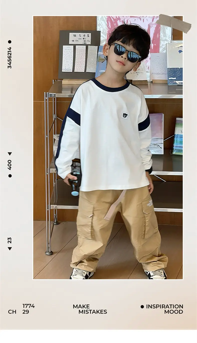 Boys Long Sleeve T-Shirt White Blue Bag Pants Set — feature 4