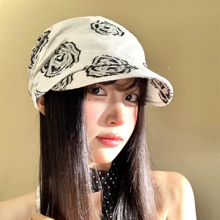 Women Linen Rose Embroidered Cap Large Circumference - Image 2