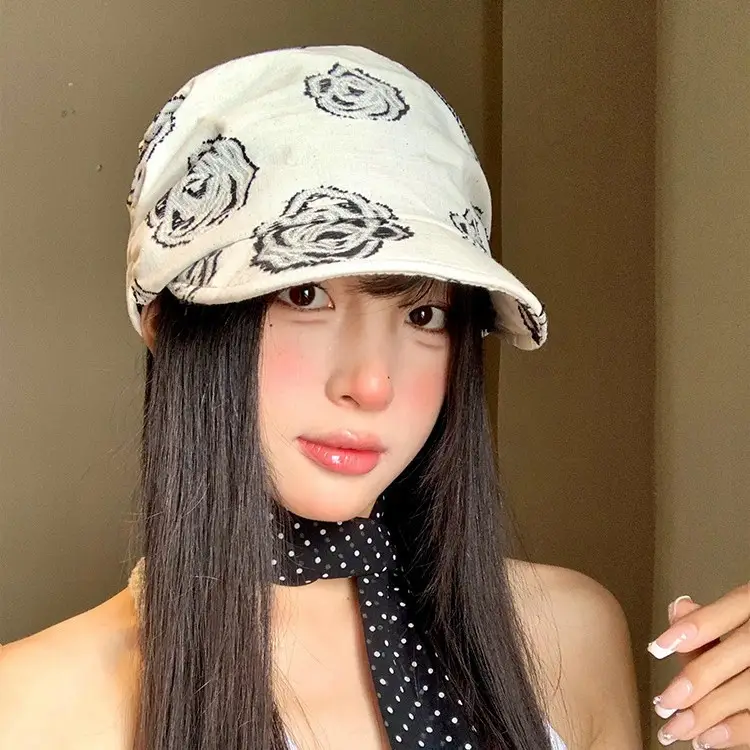 Women Linen Rose Embroidered Cap Large Circumference - Image 3