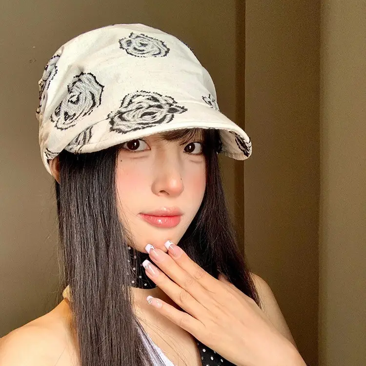 Women Linen Rose Embroidered Cap Large Circumference - Image 4