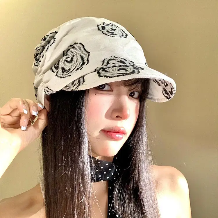 Women Linen Rose Embroidered Cap Large Circumference - Image 5