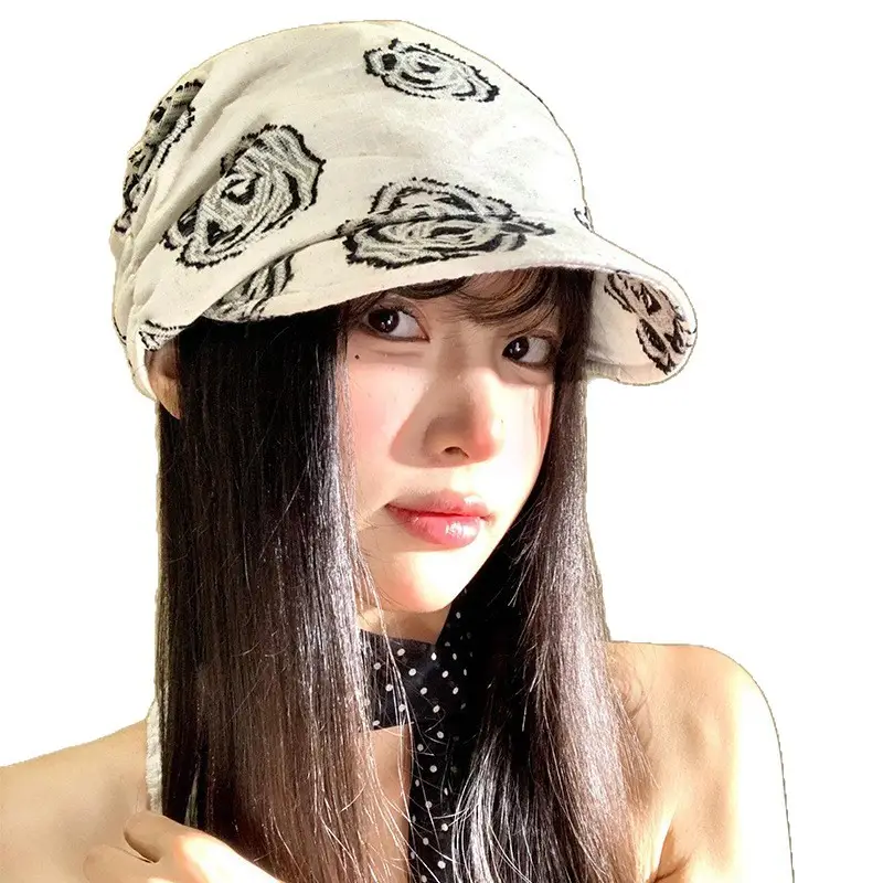 Women Linen Rose Embroidered Cap Large Circumference - Image 6