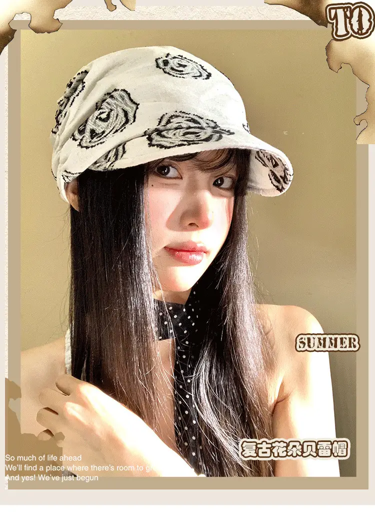 Women Linen Rose Embroidered Cap Large Circumference — feature 1
